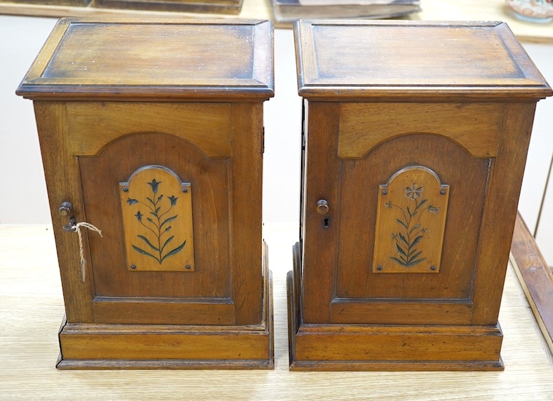A pair of Victorian Aesthetic period oak table top cabinets, each with five drawers, 38cm high. Condition - fair to good
